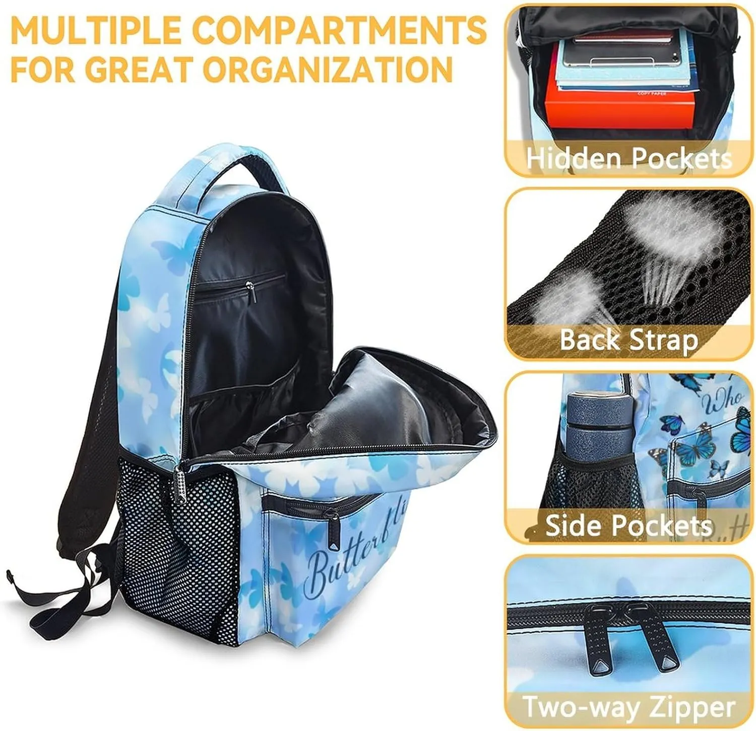 Butterfly Backpack with Lunch Box, Set of 3 School Backpacks Matching Combo for Girls Boys, Cute Blue Bookbags and Pencil Case Bundle