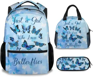 Butterfly Backpack with Lunch Box, Set of 3 School Backpacks Matching Combo for Girls Boys, Cute Blue Bookbags and Pencil Case Bundle