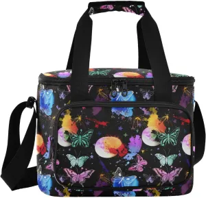 Butterfly Moon Stars Black Insulated Cooler Bag for Women Men Leakproof 24 Can Camping Car Cooler for Work Office Picnic