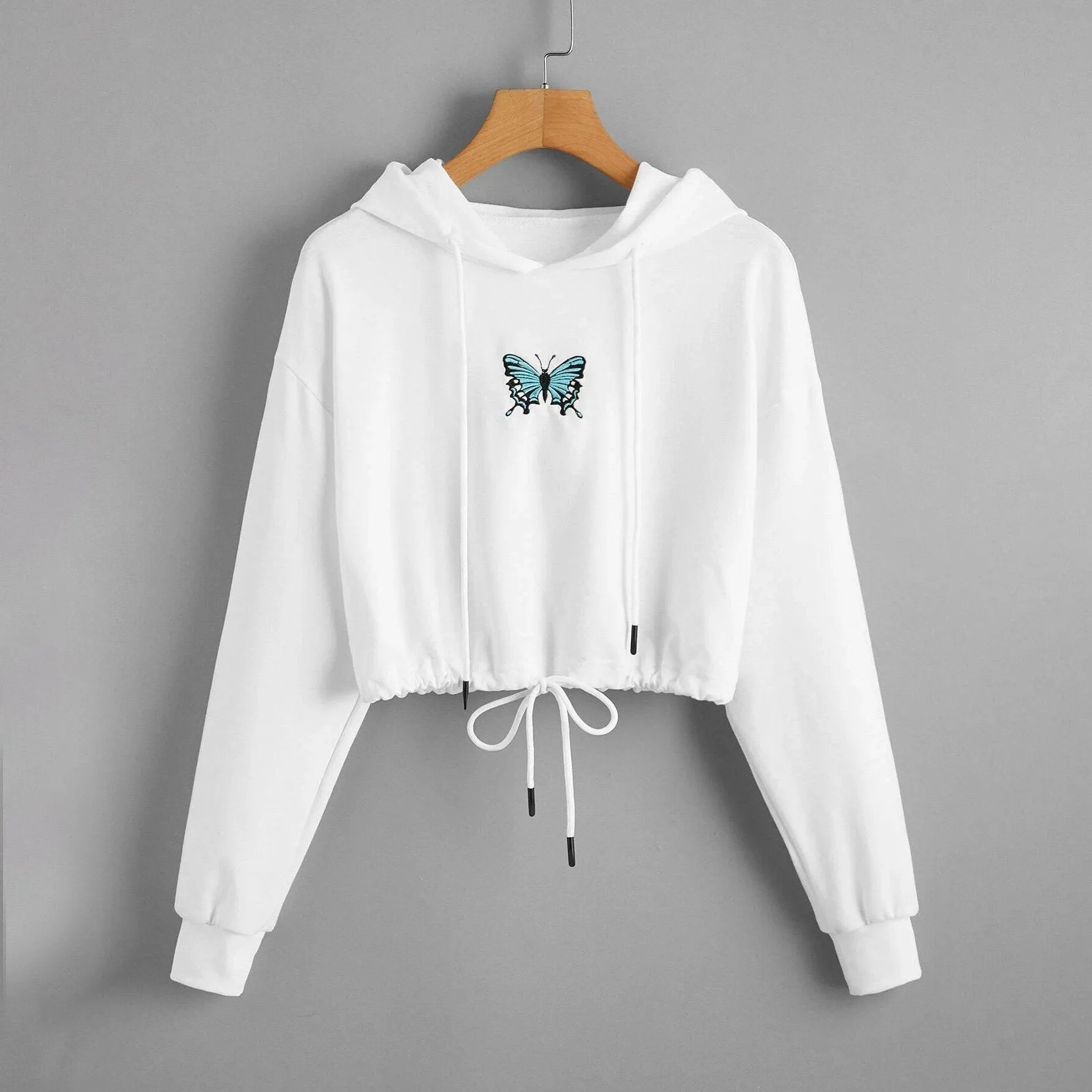 Butterfly Print Drawstring Hem Hoodie