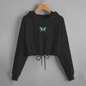 Butterfly Print Drawstring Hem Hoodie