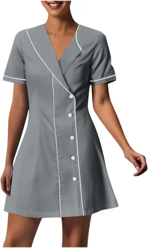 Button Front Short Sleeve Casual Dress for Women with Contrast Trim V Neck Stylish Comfortable for Daily Wear with Side Pockets Elegant Tailored Fit Semi Formal Nursing