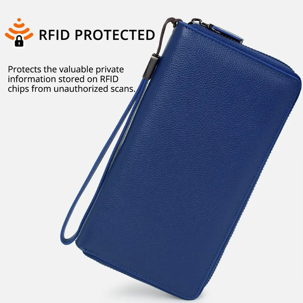 Bveyzi Women RFID Blocking Wallet Leather Zip Around Phone Clutch Large Capacity Ladies Travel Purse Wristlet