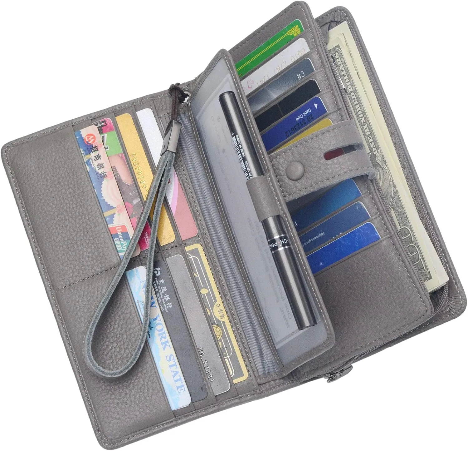 Bveyzi Women's Big Fat Rfid Leather Wristlet Wallet Organizer Large Phone Checkbook Holder with Zipper Pocket (Grey)
