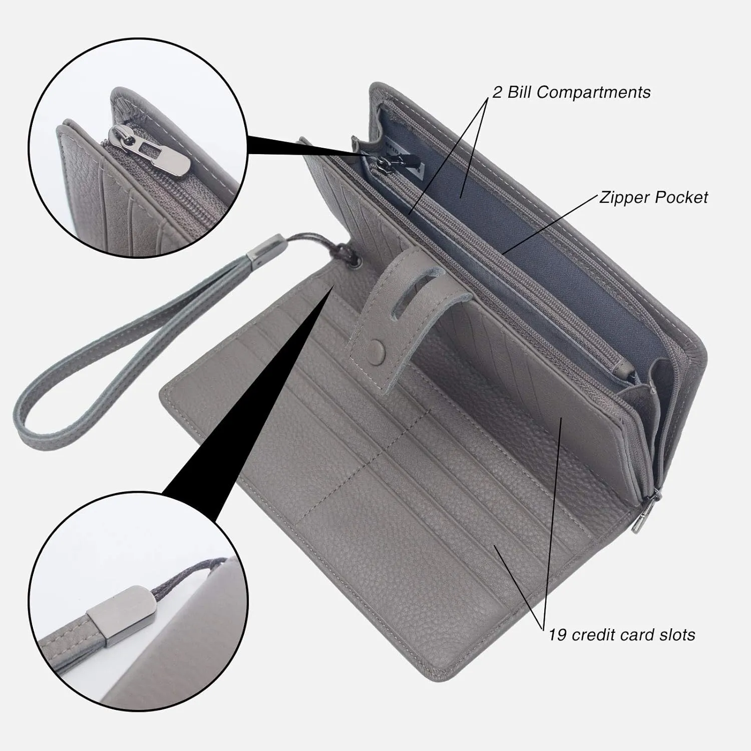 Bveyzi Women's Big Fat Rfid Leather Wristlet Wallet Organizer Large Phone Checkbook Holder with Zipper Pocket (Grey)