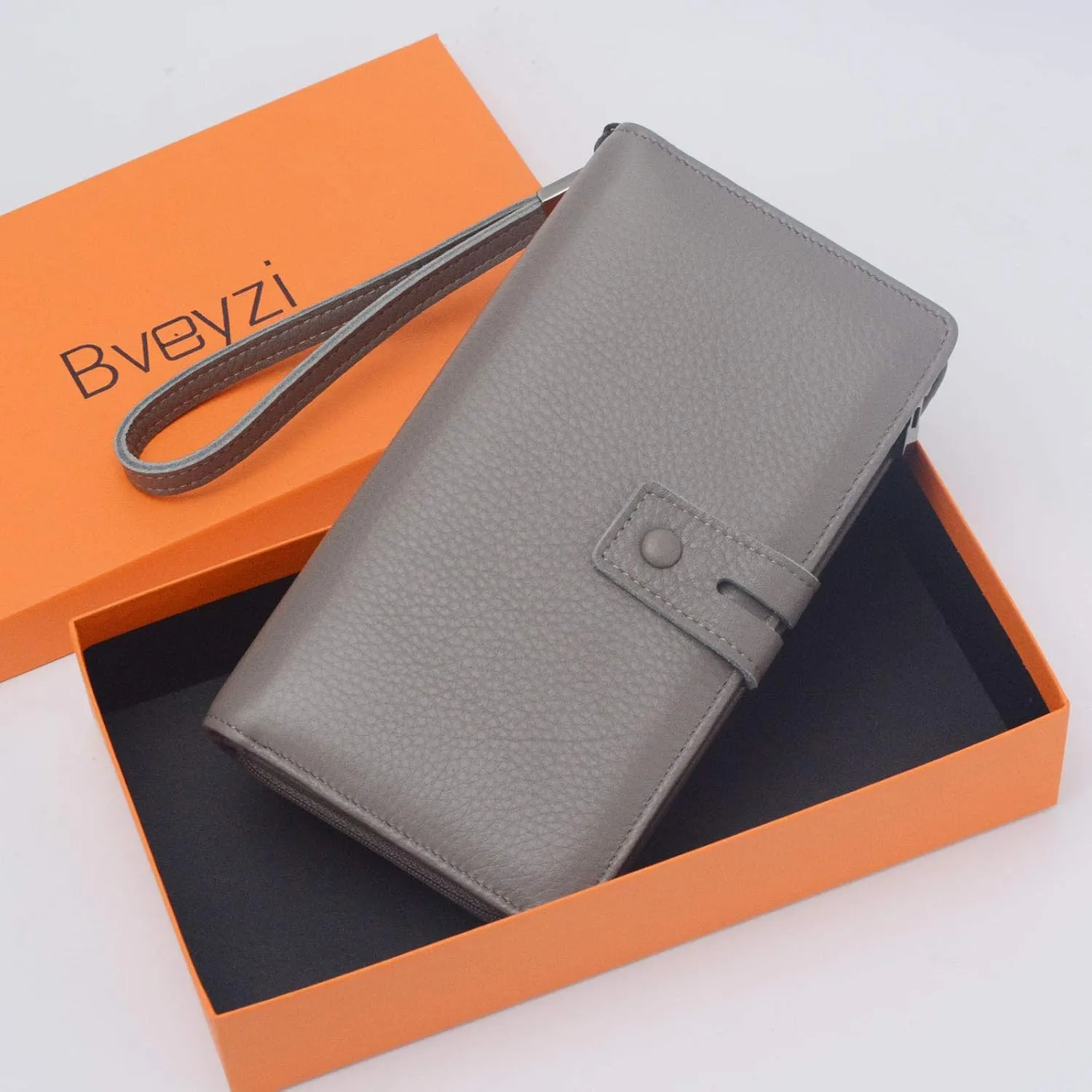 Bveyzi Women's Big Fat Rfid Leather Wristlet Wallet Organizer Large Phone Checkbook Holder with Zipper Pocket (Grey)