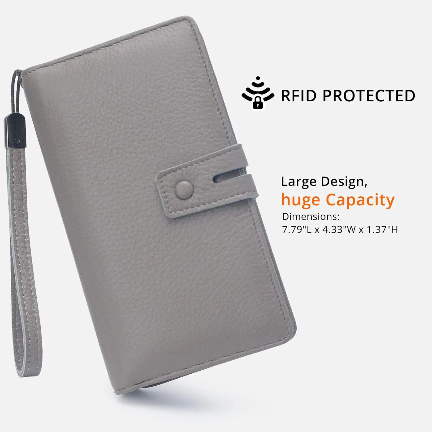 Bveyzi Women's Big Fat Rfid Leather Wristlet Wallet Organizer Large Phone Checkbook Holder with Zipper Pocket (Grey)