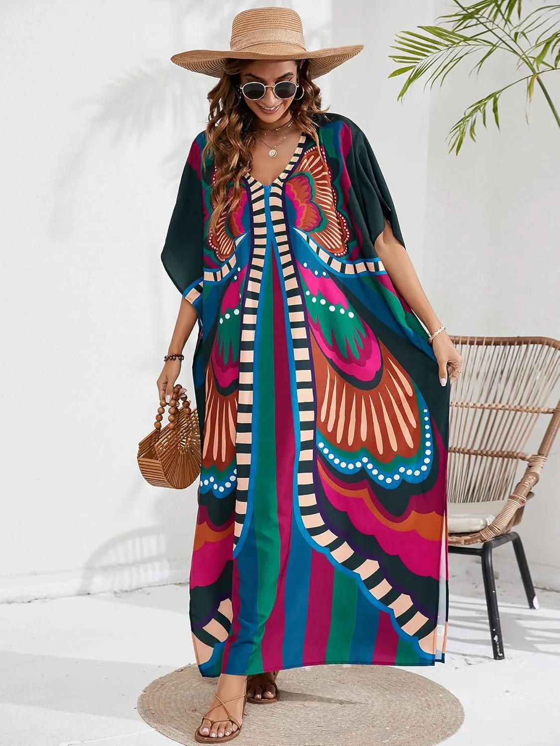 Caftan Dresses Bohemian Beachwear Kimono Bathing Suit Coverup Loose Fit Floral Print Holiday