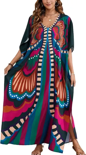 Caftan Dresses Bohemian Beachwear Kimono Bathing Suit Coverup Loose Fit Floral Print Holiday