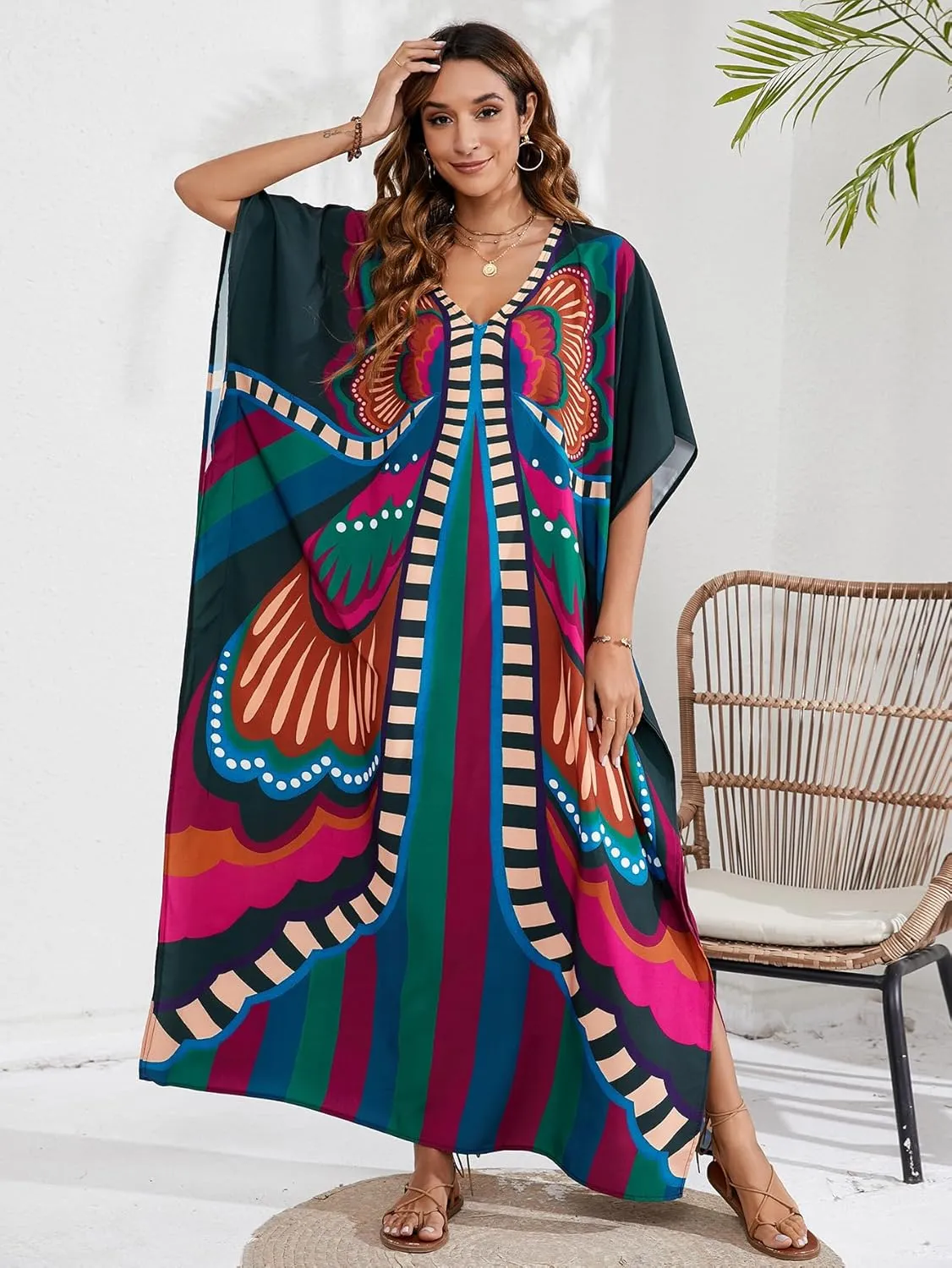 Caftan Dresses Bohemian Beachwear Kimono Bathing Suit Coverup Loose Fit Floral Print Holiday