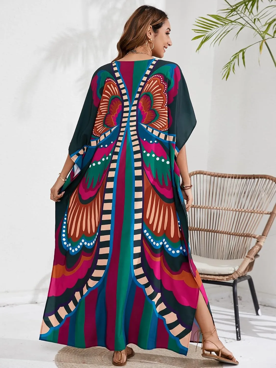 Caftan Dresses Bohemian Beachwear Kimono Bathing Suit Coverup Loose Fit Floral Print Holiday