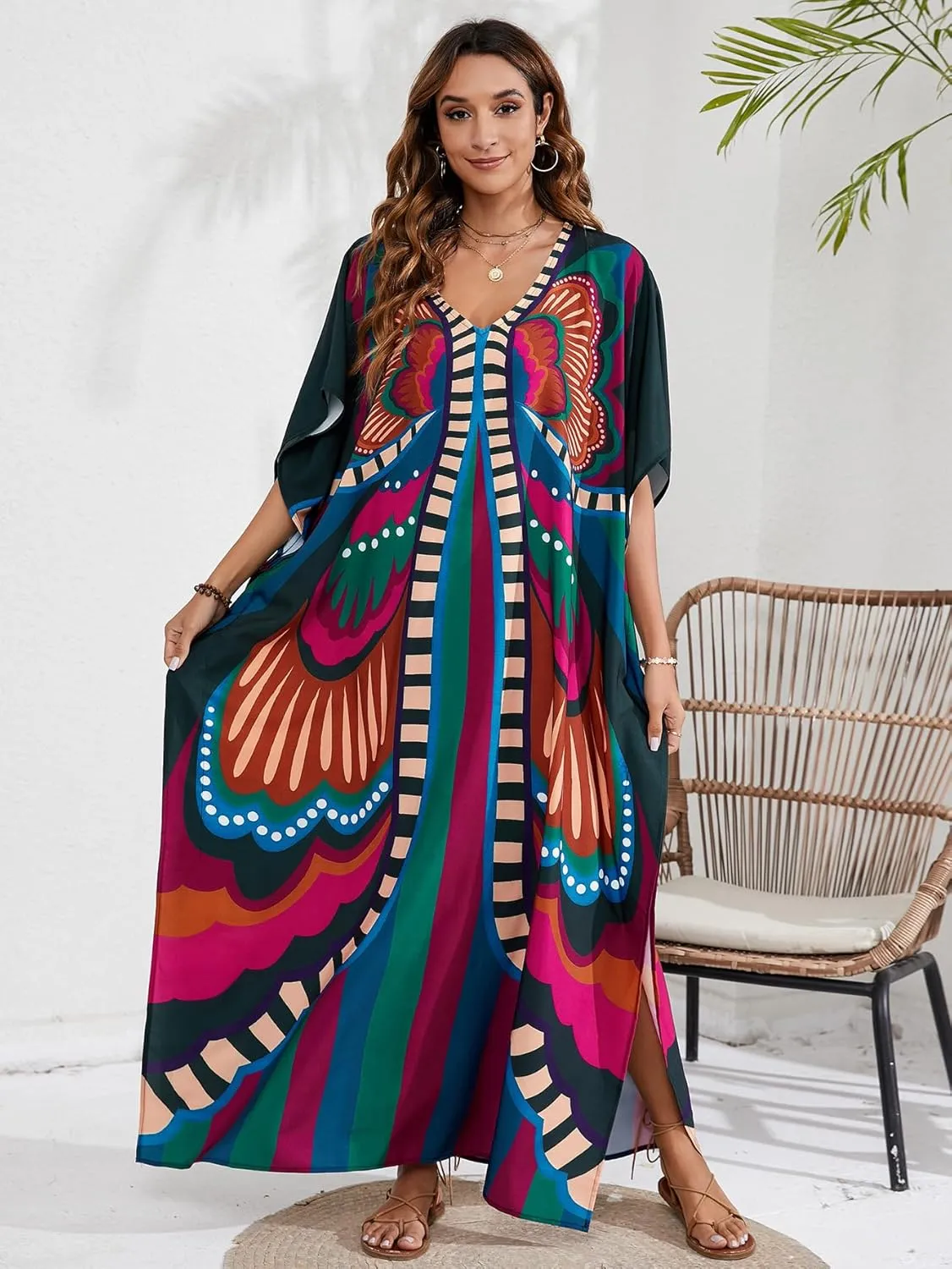 Caftan Dresses Bohemian Beachwear Kimono Bathing Suit Coverup Loose Fit Floral Print Holiday