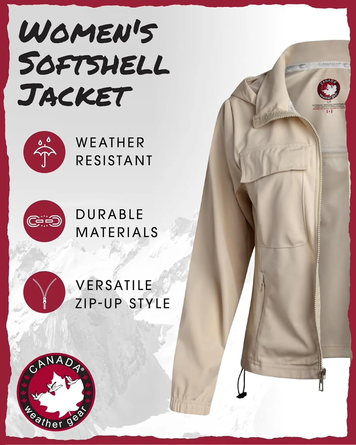 CANADA WEATHER GEAR Women's Softshell Jacket - Full Zip Up Hoodie Coat with Pockets and Adjustable Bungee Cord (Sizes: S-2XL)