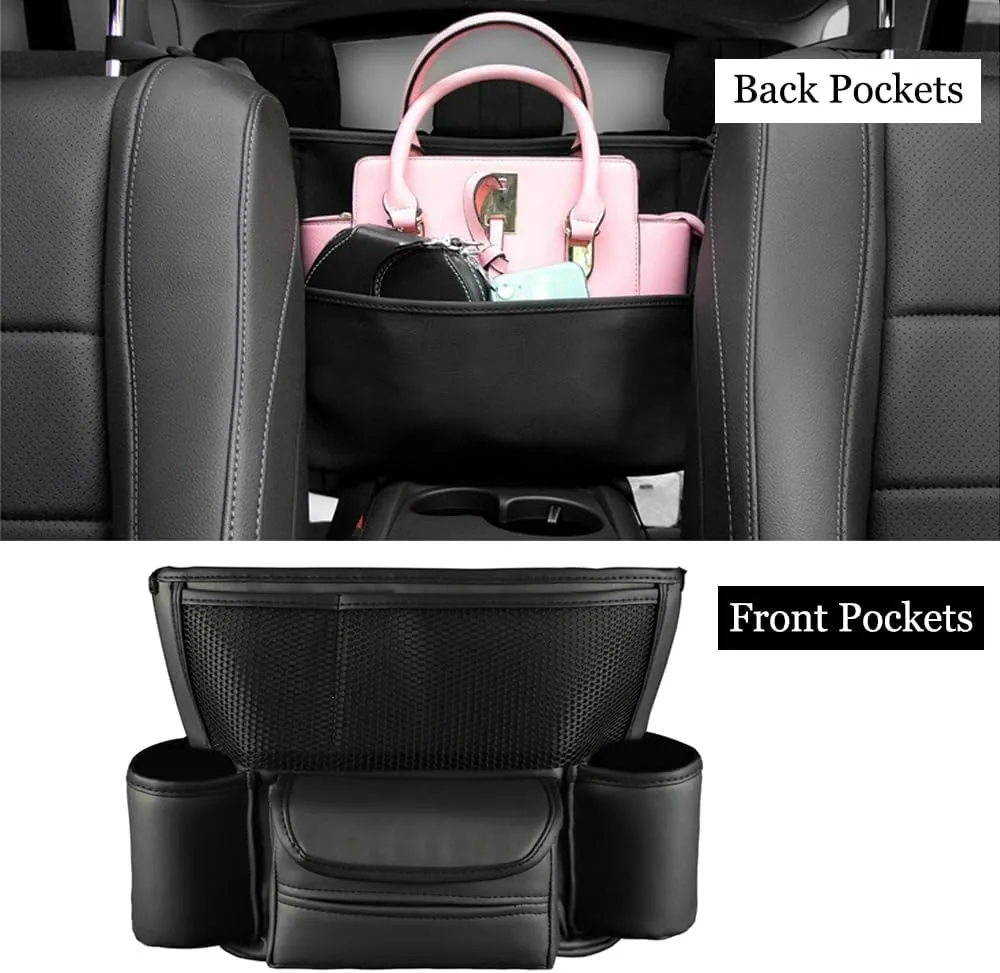 Car Handbag Holder Between Seats, PU Leather Large Capacity Car Purse Holder for Front Seat, Seat Back Net Bag Double-sided Tissue Storage Handbag Holder Car Accessories (Gray)