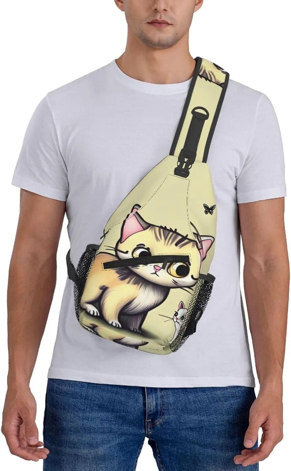 Cat and Butterfly Print Men's Cross Chest Bag Diagonally, Cute Crossbody Shoulder Backpack, 7.5" L x 3.5" W x 15.3" H