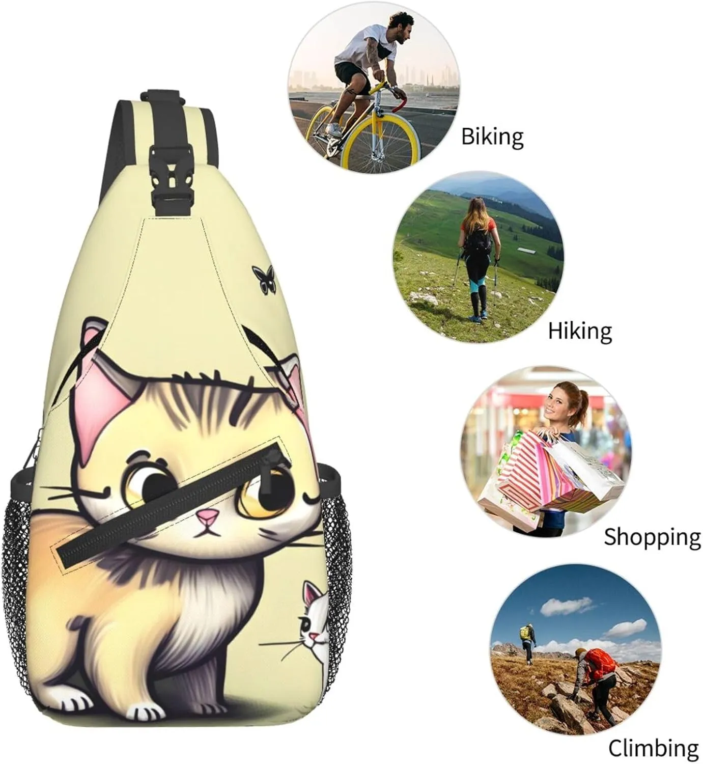 Cat and Butterfly Print Men's Cross Chest Bag Diagonally, Cute Crossbody Shoulder Backpack, 7.5" L x 3.5" W x 15.3" H