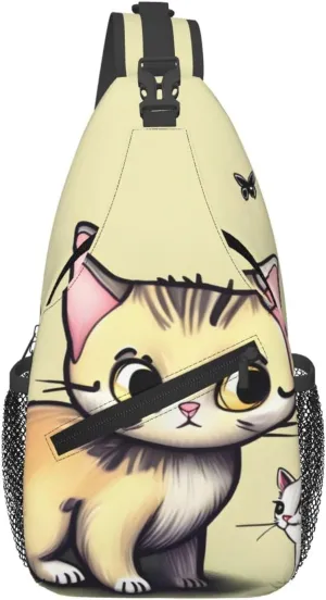 Cat and Butterfly Print Men's Cross Chest Bag Diagonally, Cute Crossbody Shoulder Backpack, 7.5" L x 3.5" W x 15.3" H