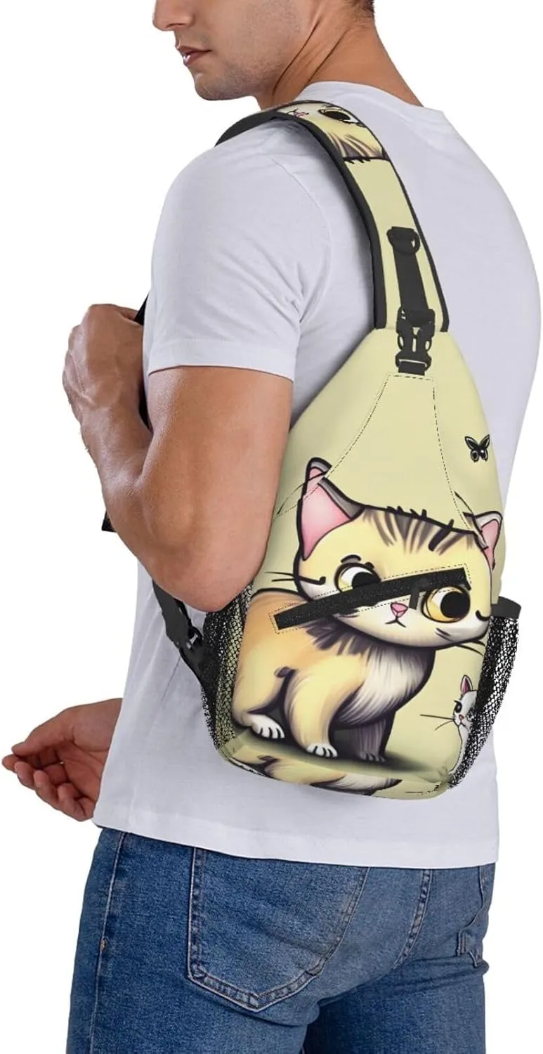 Cat and Butterfly Print Men's Cross Chest Bag Diagonally, Cute Crossbody Shoulder Backpack, 7.5" L x 3.5" W x 15.3" H