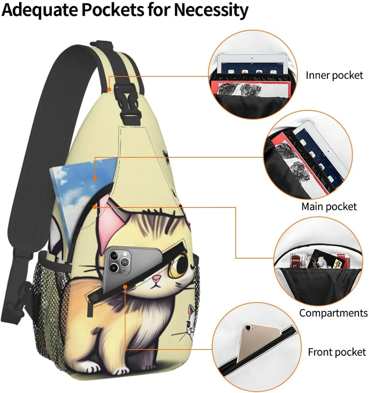 Cat and Butterfly Print Men's Cross Chest Bag Diagonally, Cute Crossbody Shoulder Backpack, 7.5" L x 3.5" W x 15.3" H