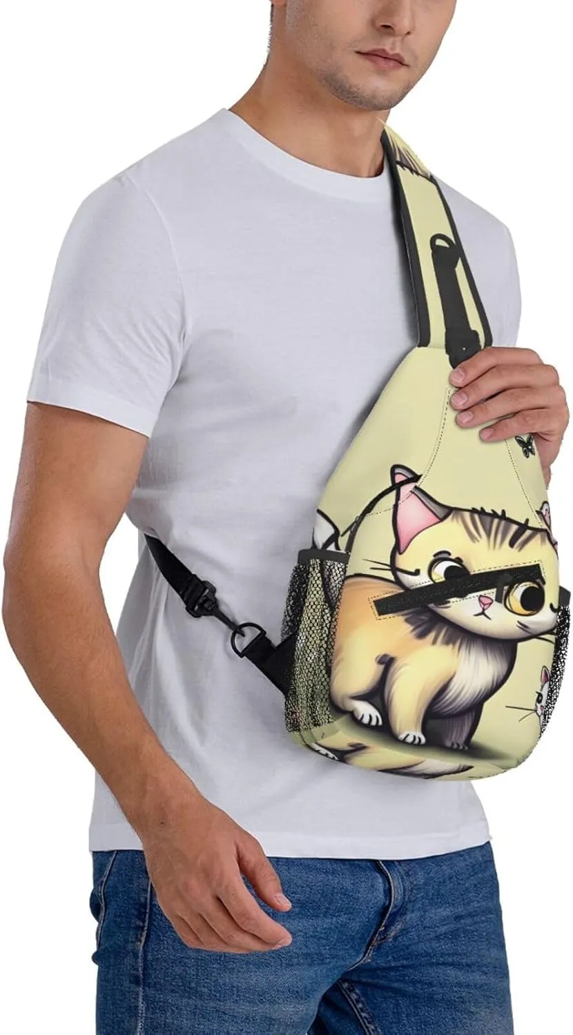 Cat and Butterfly Print Men's Cross Chest Bag Diagonally, Cute Crossbody Shoulder Backpack, 7.5" L x 3.5" W x 15.3" H
