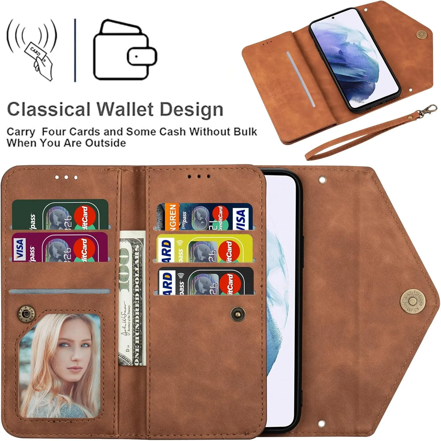 CCSamll Crossbody Wallet Case for Samsung Galaxy S25 Ultra 5G, Zipper Pocket Purse Handbag Neck Strap Lanyard Cover with 9 Card Slot Holder Flip Case for Samsung S25 Ultra XK Brown