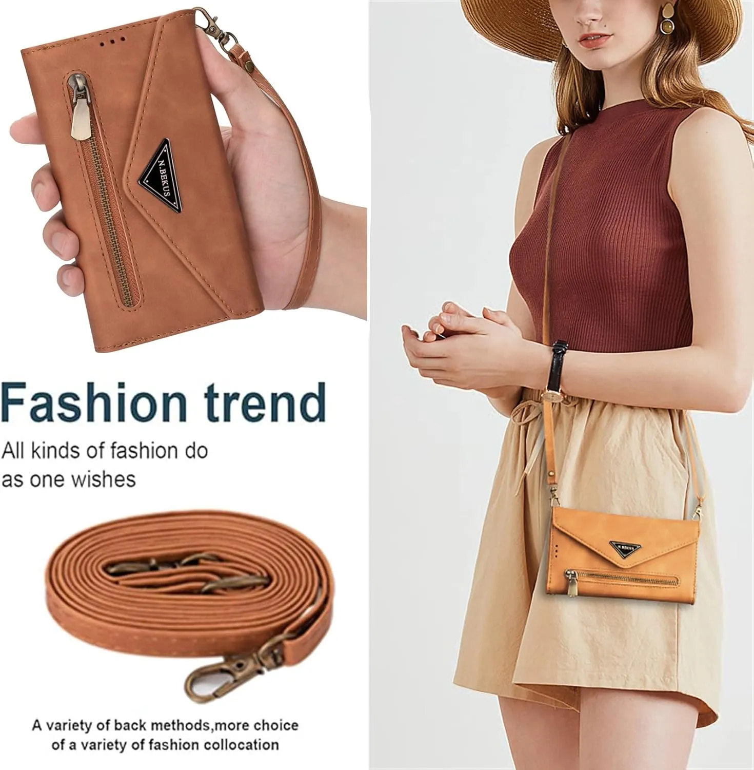 CCSamll Crossbody Wallet Case for Samsung Galaxy S25 Ultra 5G, Zipper Pocket Purse Handbag Neck Strap Lanyard Cover with 9 Card Slot Holder Flip Case for Samsung S25 Ultra XK Brown