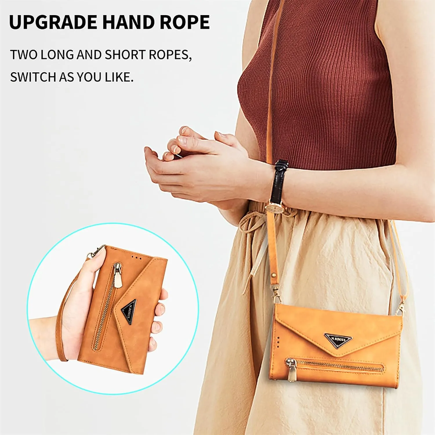 CCSamll Crossbody Wallet Case for Samsung Galaxy S25 Ultra 5G, Zipper Pocket Purse Handbag Neck Strap Lanyard Cover with 9 Card Slot Holder Flip Case for Samsung S25 Ultra XK Brown