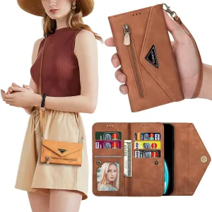 CCSamll Crossbody Wallet Case for Samsung Galaxy S25 Ultra 5G, Zipper Pocket Purse Handbag Neck Strap Lanyard Cover with 9 Card Slot Holder Flip Case for Samsung S25 Ultra XK Brown