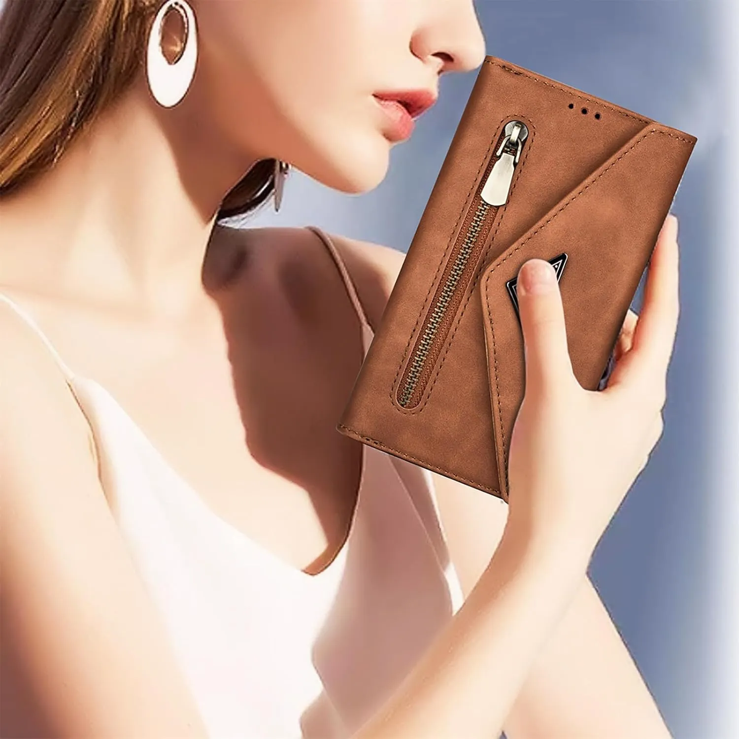 CCSamll Crossbody Wallet Case for Samsung Galaxy S25 Ultra 5G, Zipper Pocket Purse Handbag Neck Strap Lanyard Cover with 9 Card Slot Holder Flip Case for Samsung S25 Ultra XK Brown