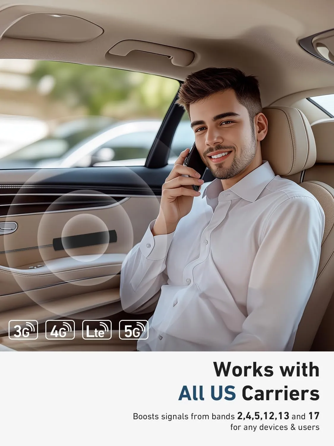Cell Phone Signal Booster for Car, Truck and SUV | Boosts Signal for All U.S. Carriers on Band 2, 4, 5, 12, 13 and 17 | Supports Multiple Users and Devices | Easy to Setup | FCC Approved