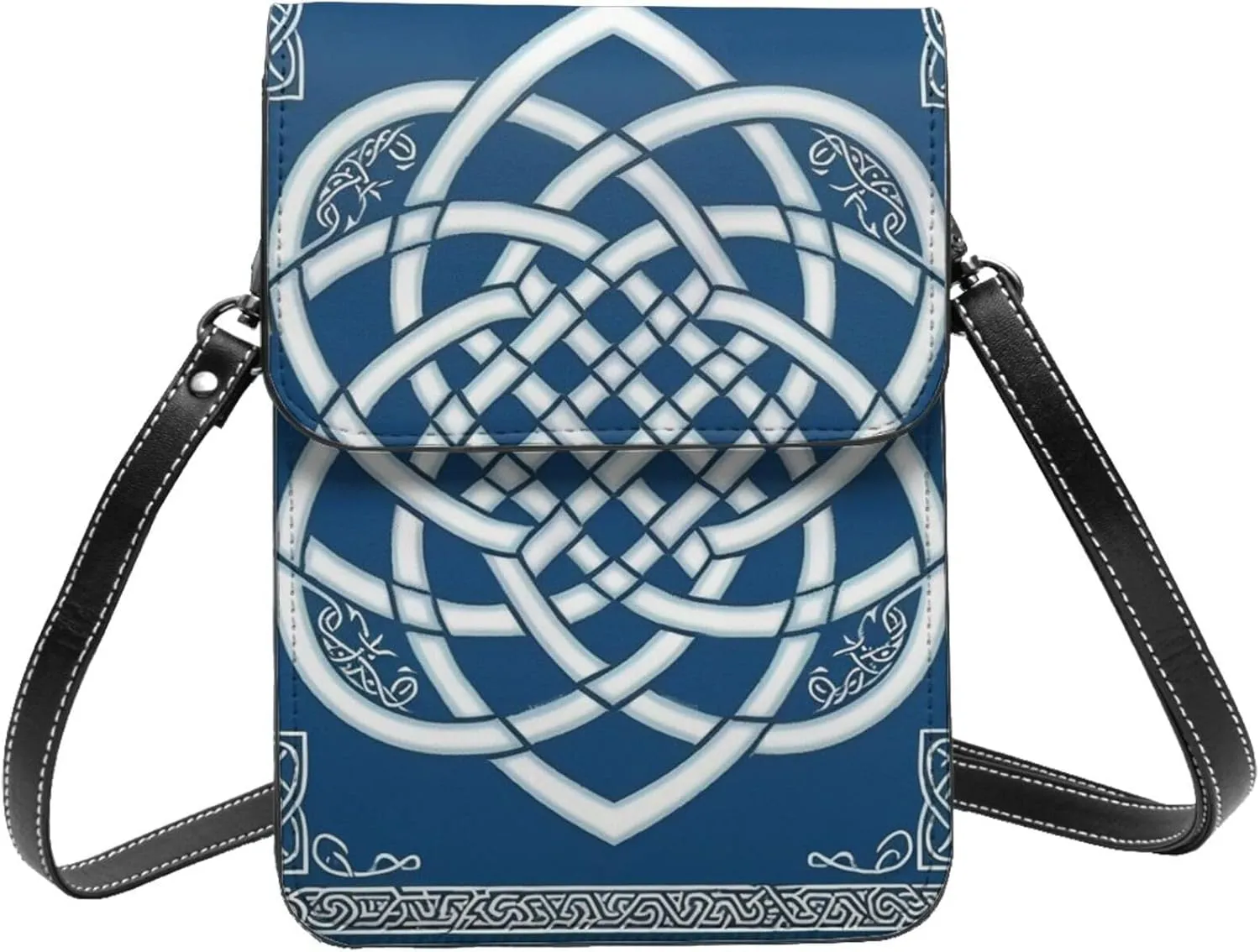 Celtic Love Knot Fortune Symbol Irish White Blue Crossbody Cell Phone Purse For Women Teen Girls Leather Small Crossbody Bag Mini Phone Pouch Purse, 7.5x5.3 Inches
