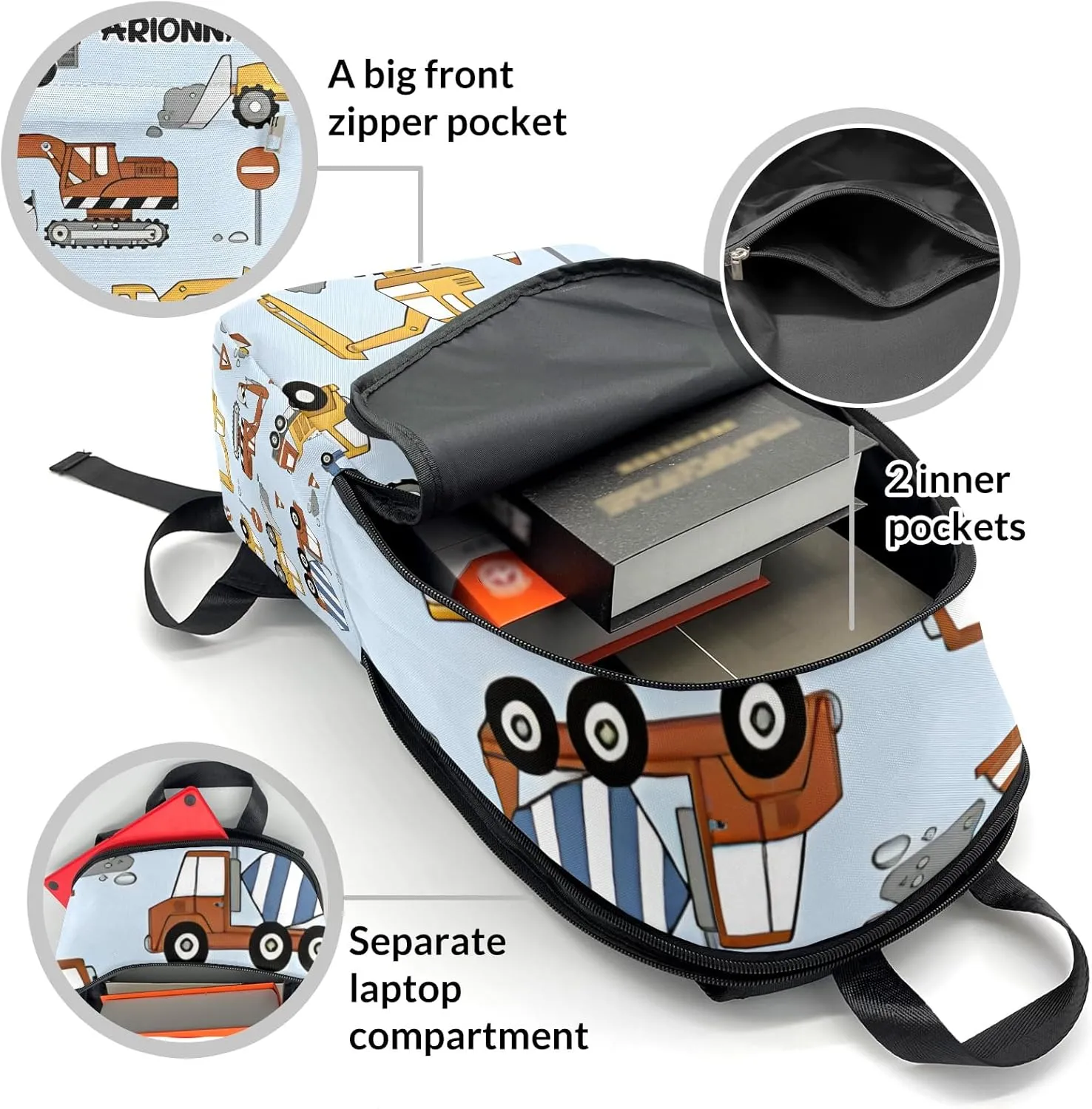 Cement Truck Forklift Truck Crane Personalized Backpack for Teen Custom Travel Backpack for Boys Girs Bookbag Casual Bag Name Gift, Design 2, EU5566SS