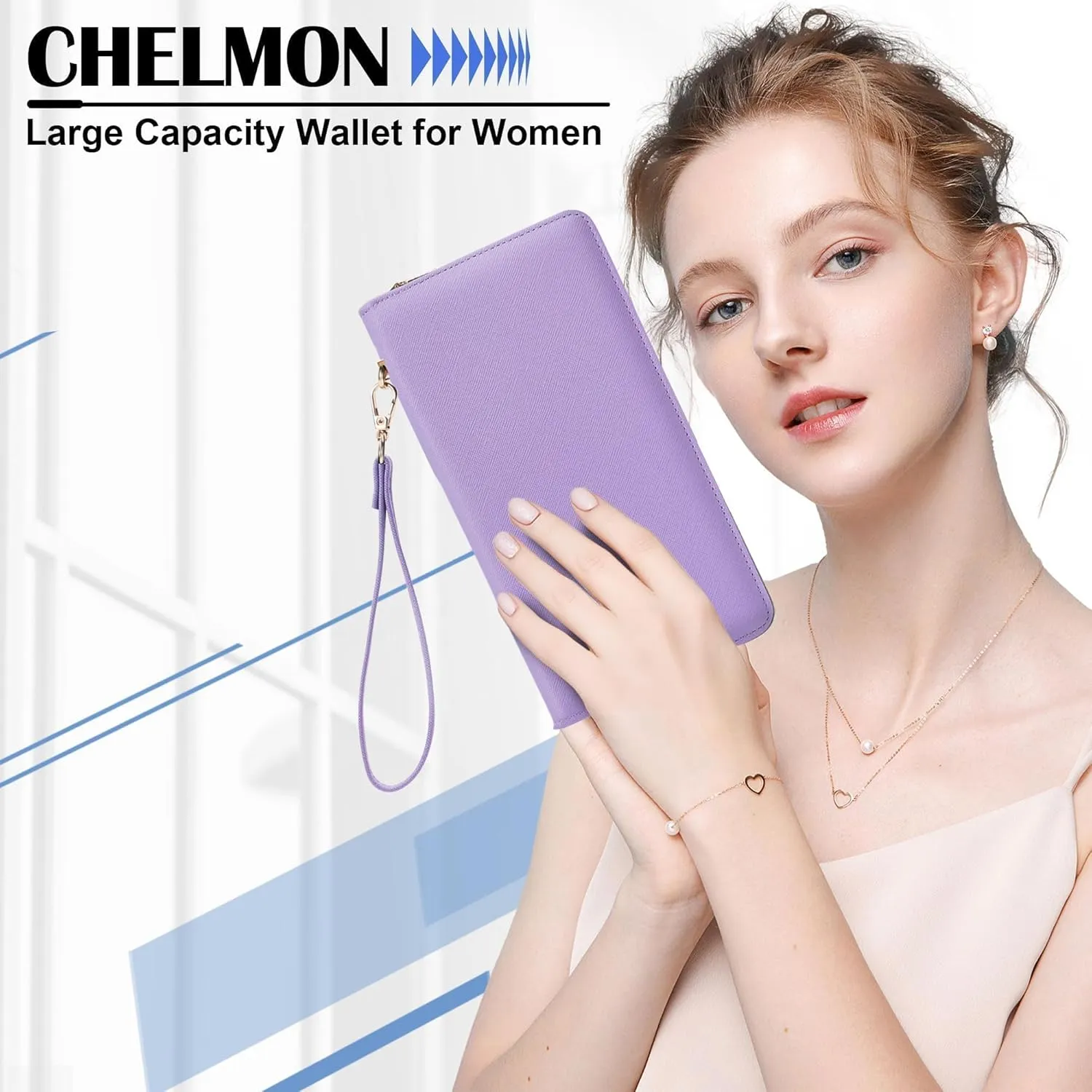 Chelmon Women's Vegan Leather Clutch Wallet with Zip, Hand Strap, Large Capacity