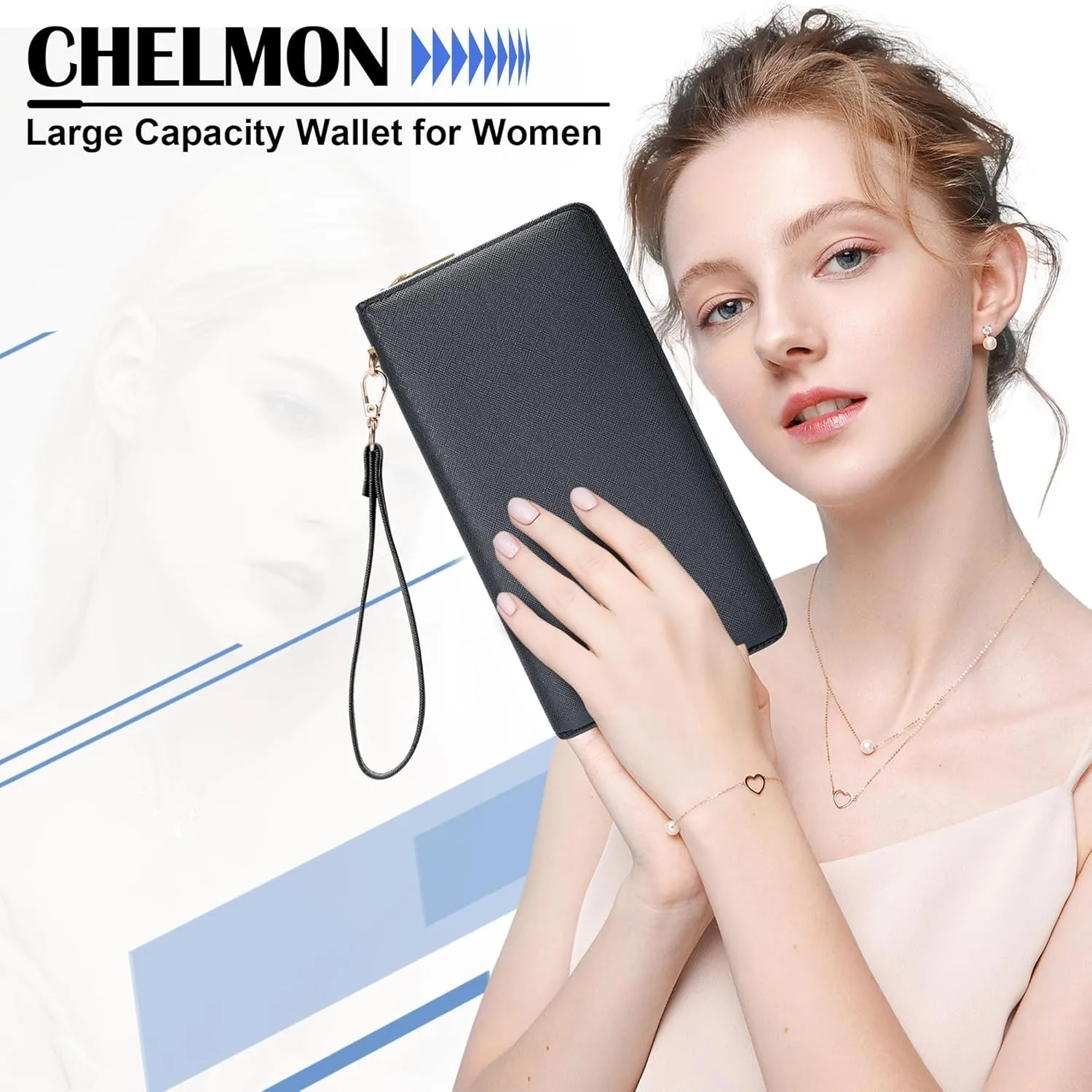 Chelmon Women's Vegan Leather Clutch Wallet with Zip, Hand Strap, Large Capacity