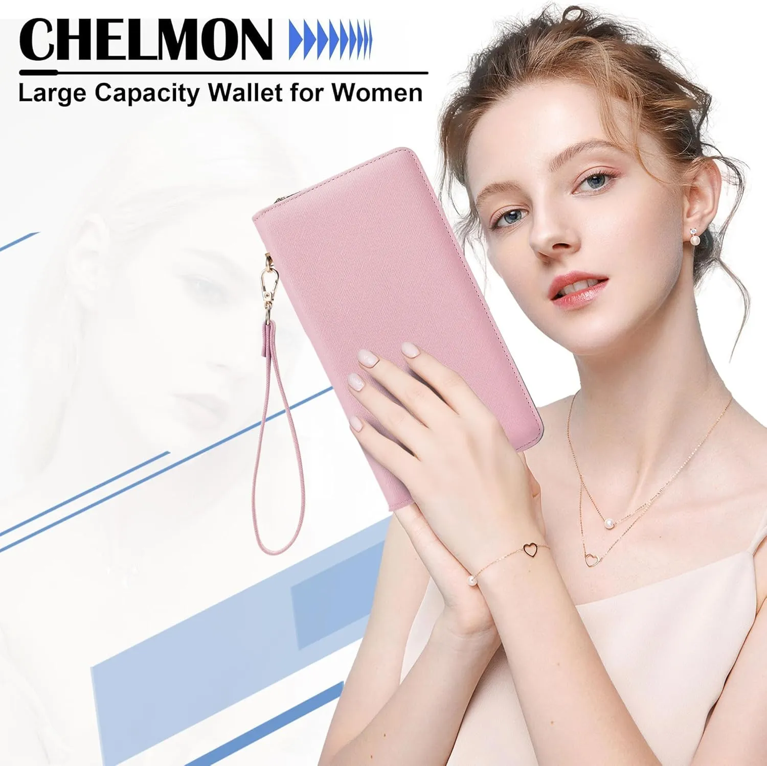 Chelmon Women's Vegan Leather Clutch Wallet with Zip, Hand Strap, Large Capacity