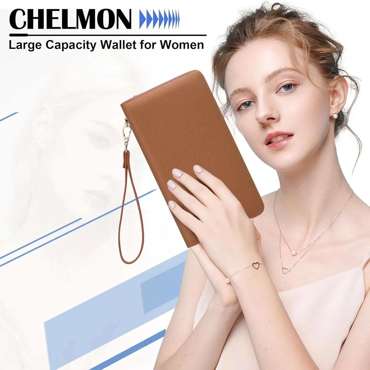 Chelmon Women's Vegan Leather Clutch Wallet with Zip, Hand Strap, Large Capacity