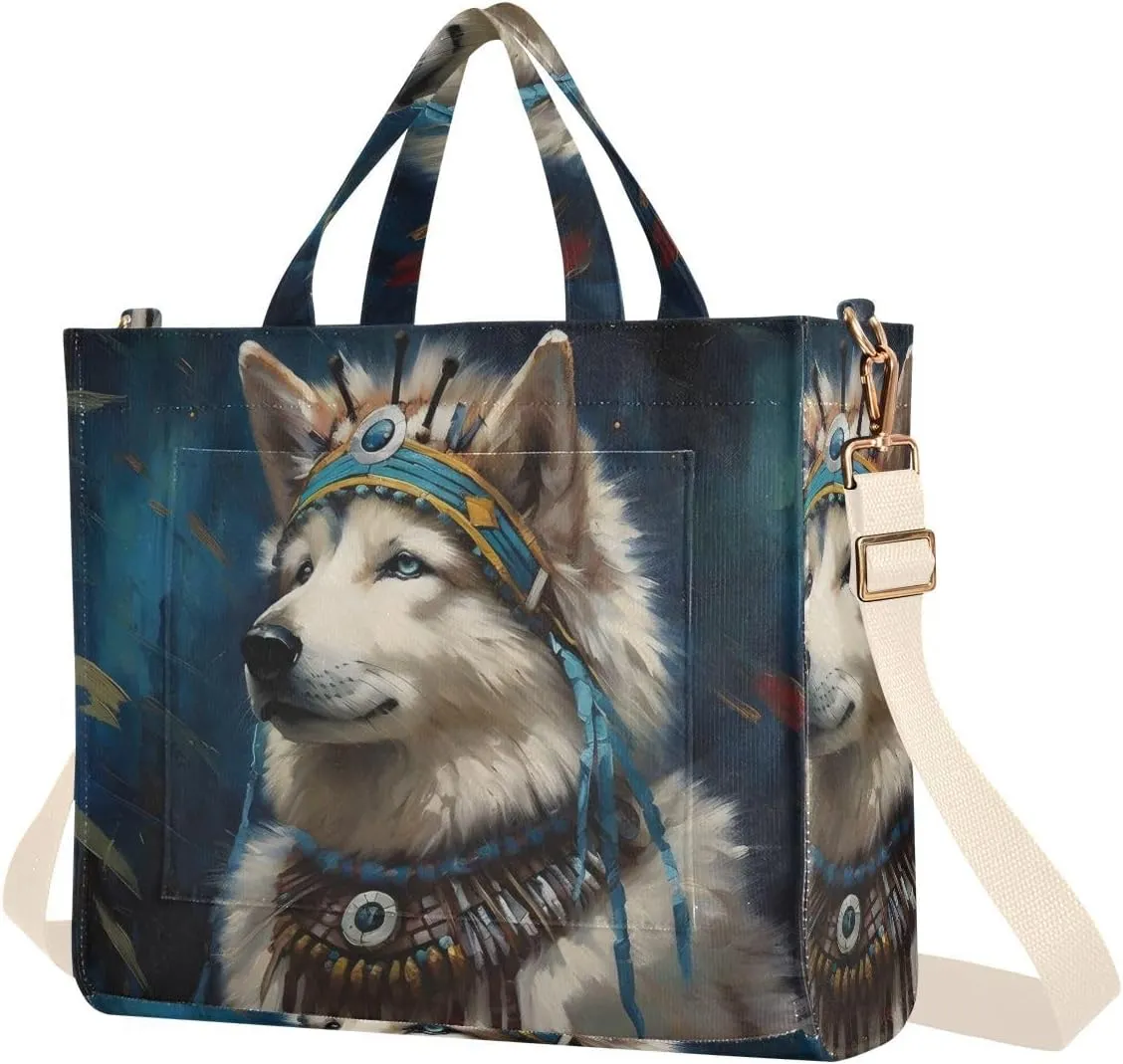 Chief Wolf Women Tote Bag Corduroy Handbag Purse Shoulder Bag with Detachable Strap Small Size