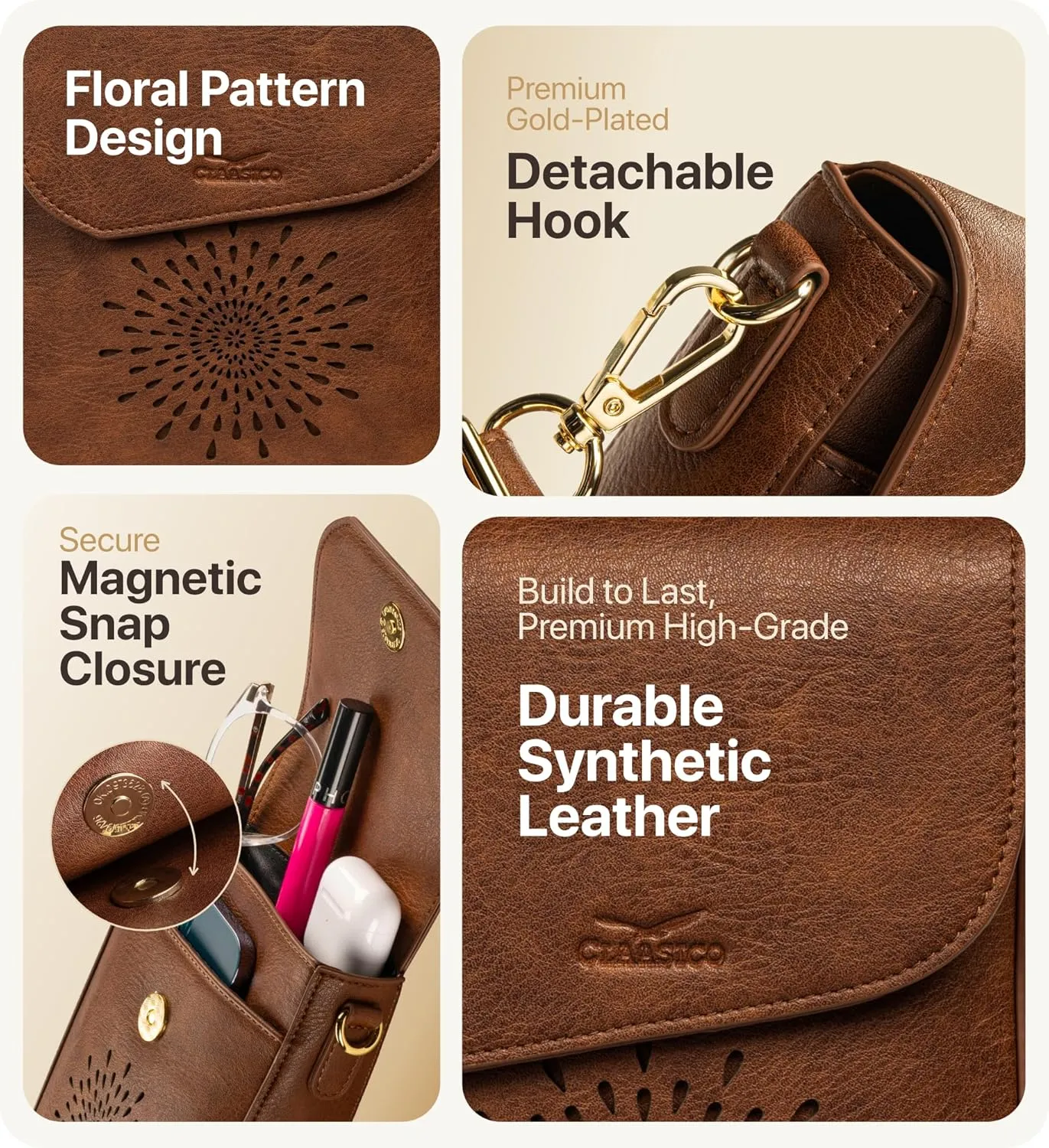 Claasico Crossbody Bag for Women, RFID Phone Purse, Card Slots Coin Pocket w/strap, Phone Holder PU Leather Crossbody Purse