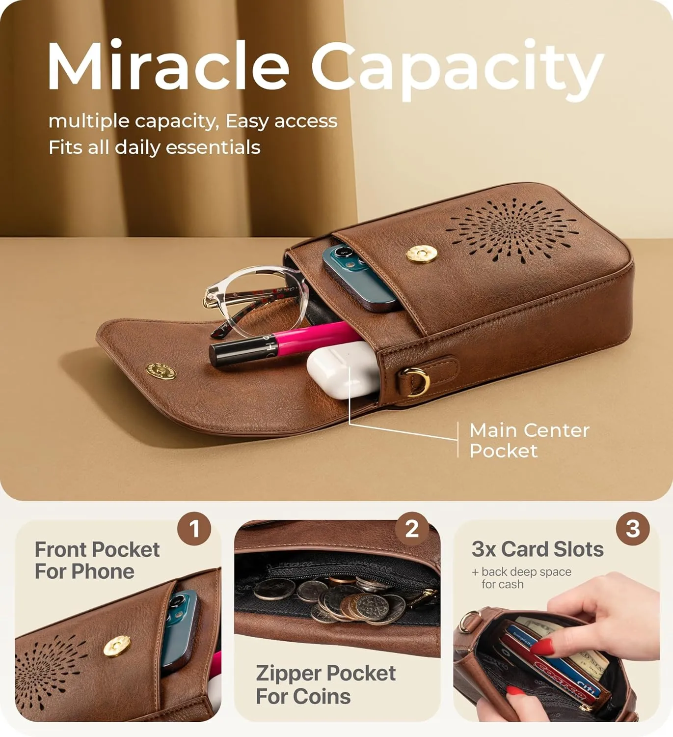 Claasico Crossbody Bag for Women, RFID Phone Purse, Card Slots Coin Pocket w/strap, Phone Holder PU Leather Crossbody Purse