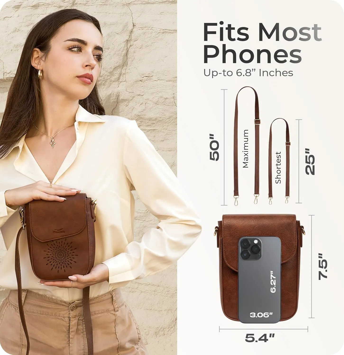 Claasico Crossbody Bag for Women, RFID Phone Purse, Card Slots Coin Pocket w/strap, Phone Holder PU Leather Crossbody Purse