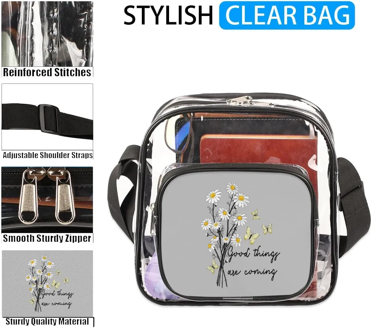 Clear Crossbody Bag Stadium Approved for Women and Men Transparent Messenger Shoulder Bag Clear Purse Bag
