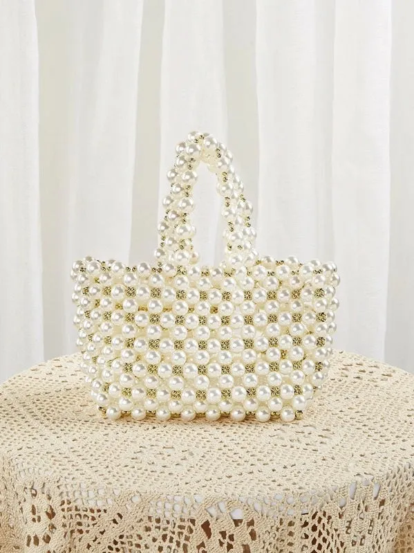 CM-BGS920405 Women Elegant Seoul Style Faux Pearl Beaded Tote Bag - White