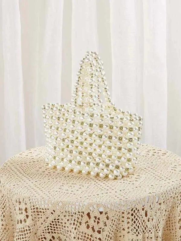 CM-BGS920405 Women Elegant Seoul Style Faux Pearl Beaded Tote Bag - White