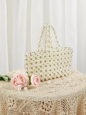 CM-BGS920405 Women Elegant Seoul Style Faux Pearl Beaded Tote Bag - White