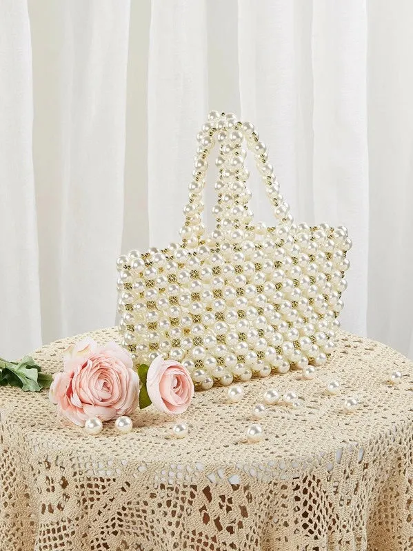 CM-BGS920405 Women Elegant Seoul Style Faux Pearl Beaded Tote Bag - White