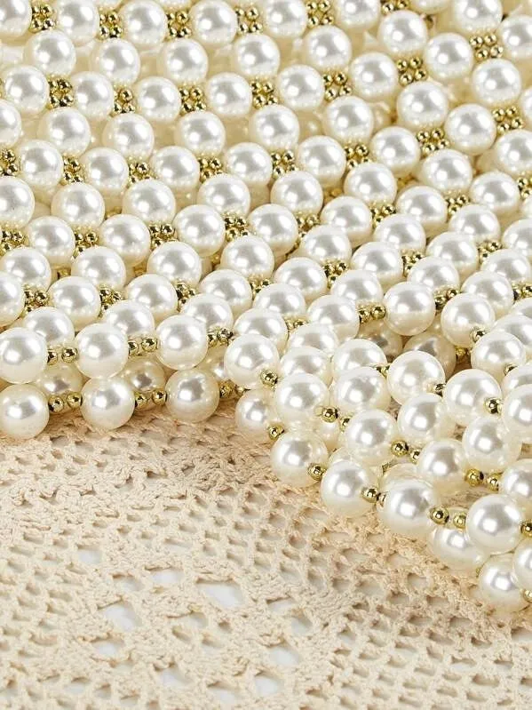 CM-BGS920405 Women Elegant Seoul Style Faux Pearl Beaded Tote Bag - White