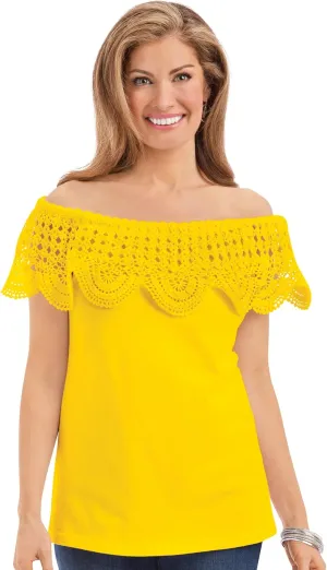 Collections Etc On-Off Shoulder Scalloped Crochet Short Sleeve Top