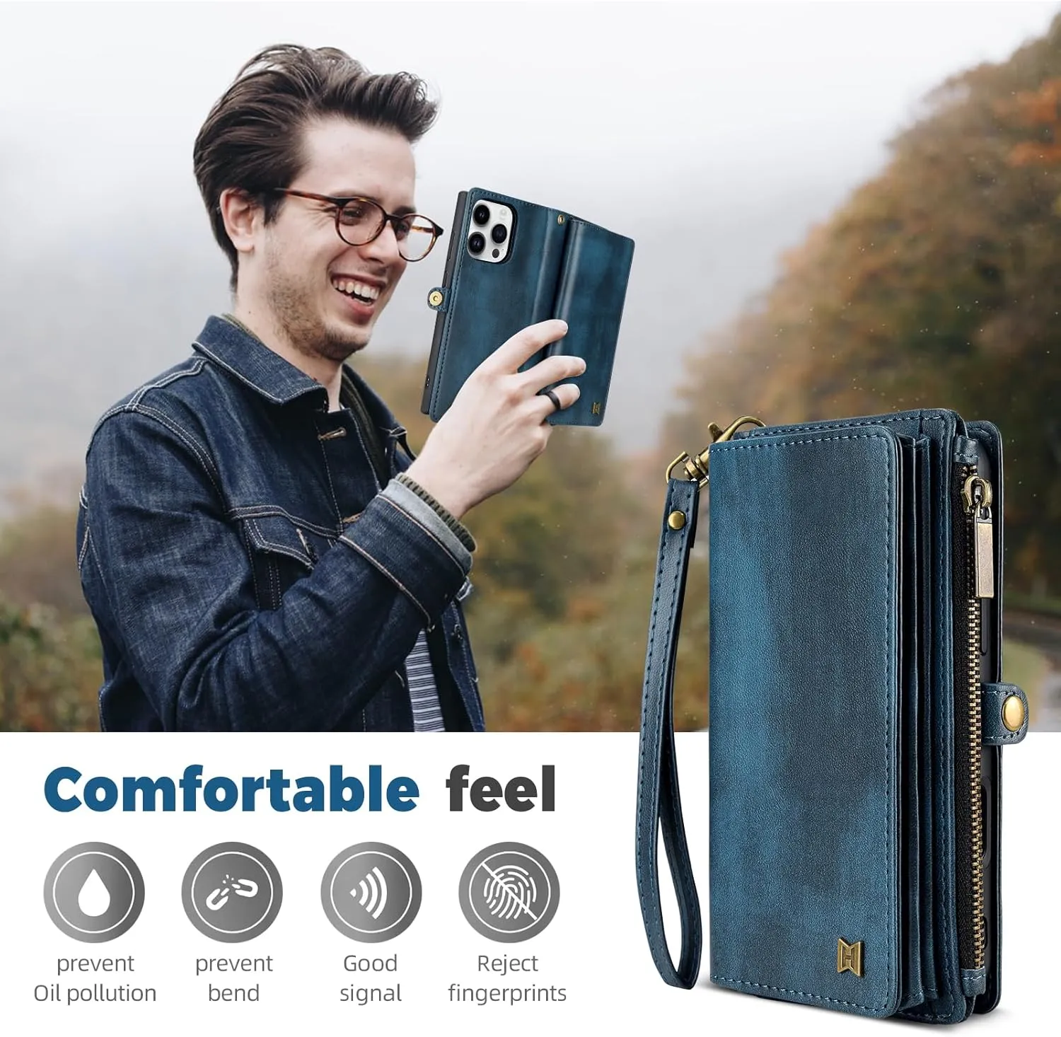 Compatible with iPhone 12 Pro Max Wallet Case,RFID Blocking PU Leather Phone Case Women Men Kickstand flip Cover Wrist Strap Zipper Credit Card Holder Slots for Apple iPhone 12 Pro Max(Blue)