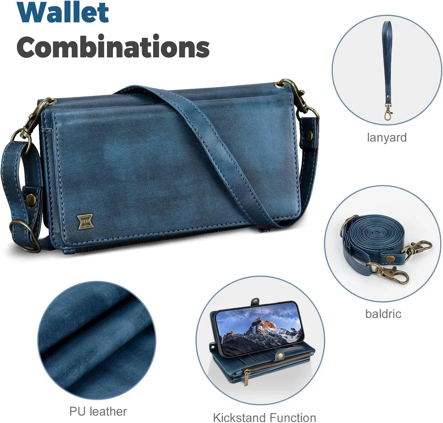 Compatible with iPhone 12 Pro Max Wallet Case,RFID Blocking PU Leather Phone Case Women Men Kickstand flip Cover Wrist Strap Zipper Credit Card Holder Slots for Apple iPhone 12 Pro Max(Blue)