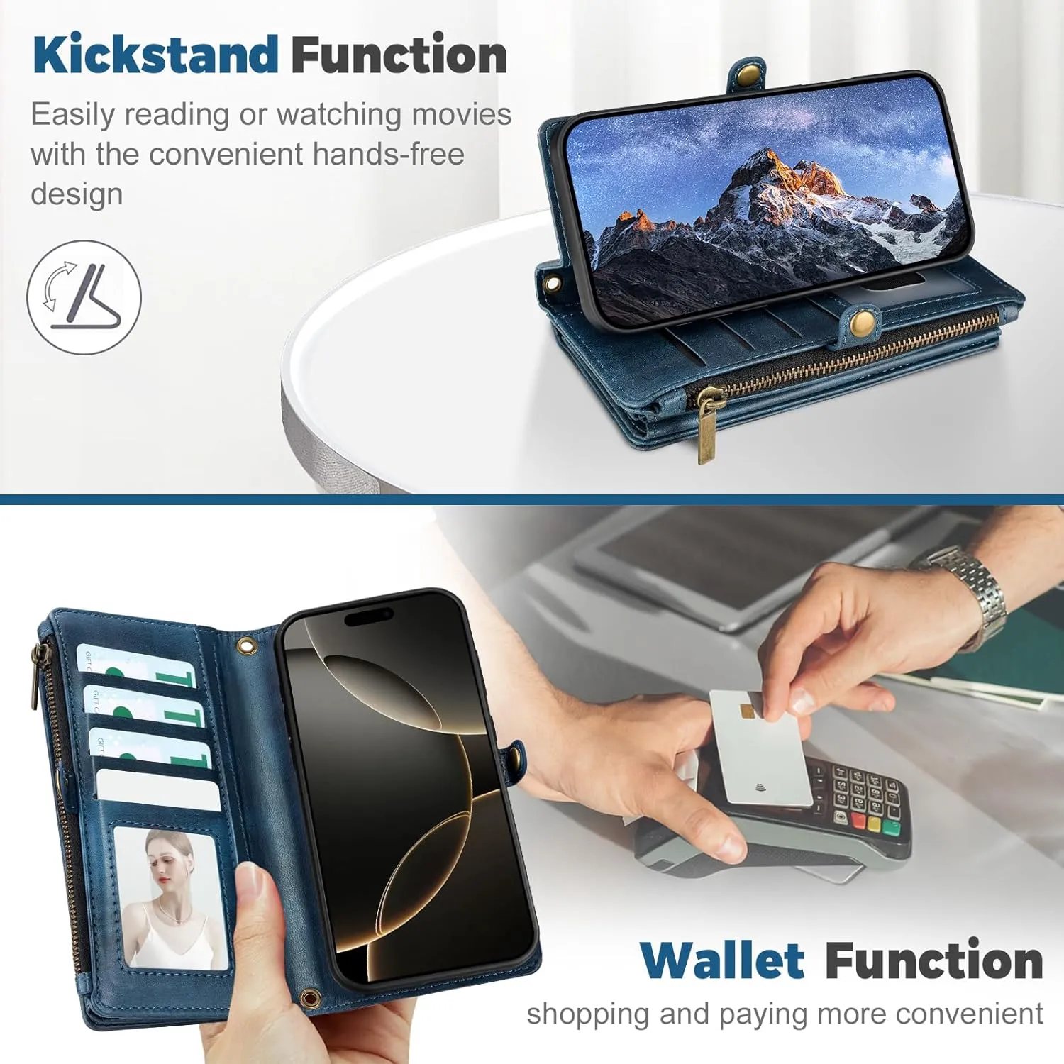 Compatible with iPhone 12 Pro Max Wallet Case,RFID Blocking PU Leather Phone Case Women Men Kickstand flip Cover Wrist Strap Zipper Credit Card Holder Slots for Apple iPhone 12 Pro Max(Blue)